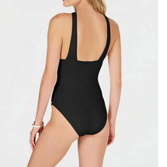 NWT MICHAEL Michael Kors Womens High Neck Shirred One-Piece Swimsuit - Picture 3 of 7